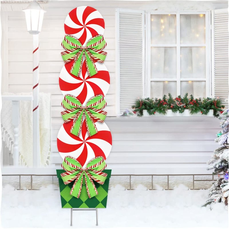 ORIENTAL CHERRY Candy Christmas Decorations Outdoor - 44In Peppermint Xmas Yard Stakes - Giant Holiday Decor Signs for Home Lawn Pathway Walkway Candyland Themed Party - Red White Green - Image 1